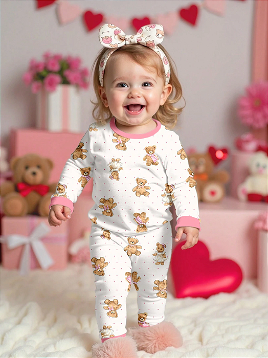 Conjunto de pijama com manga Longa com Decote Redondo, Casual e Confortável, Estampa de Urso Fofo, Adequado para Meninas Bebês