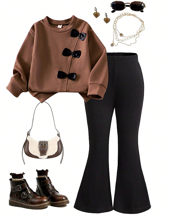 Moletom de Manga Longa com Patch em Tricô Marrom Café e Laço, Calça Flare de Cor Sólida Confortável