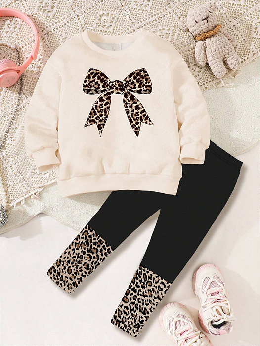Conjunto de Moletom de Gola Redonda de Manga Longa e Leggings com Estampa de Leopardo e Laço para Meninas