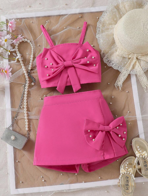 Conjunto Top com Alça de Pérola e Laço + Saia Casual Combinando