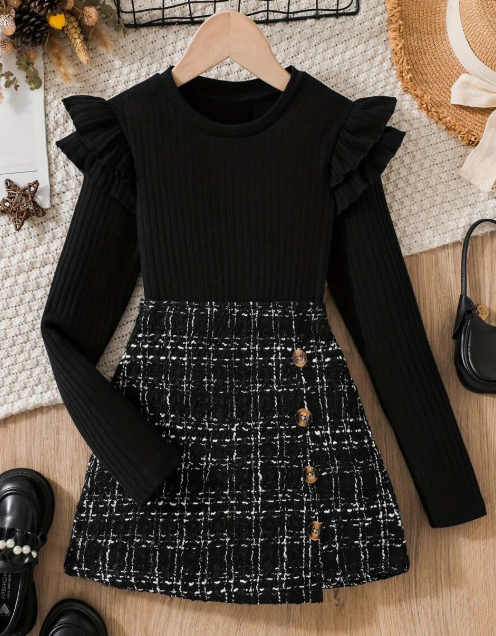 Conjunto xadrez em tricot preto premium