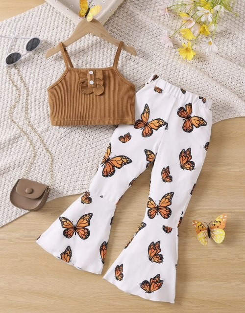 Top Com Babados E Calças Flare Com Estampas De Borboletas