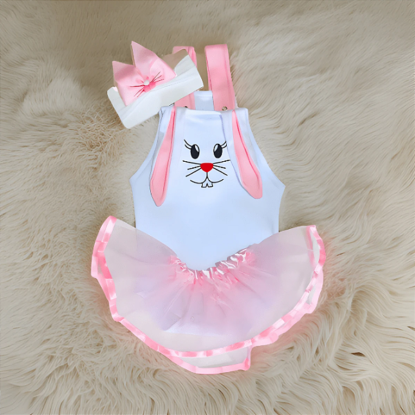 Jardineira Bebê Páscoa Coelha Menina Kit 3 Peças Jardineira + Saia + Laço