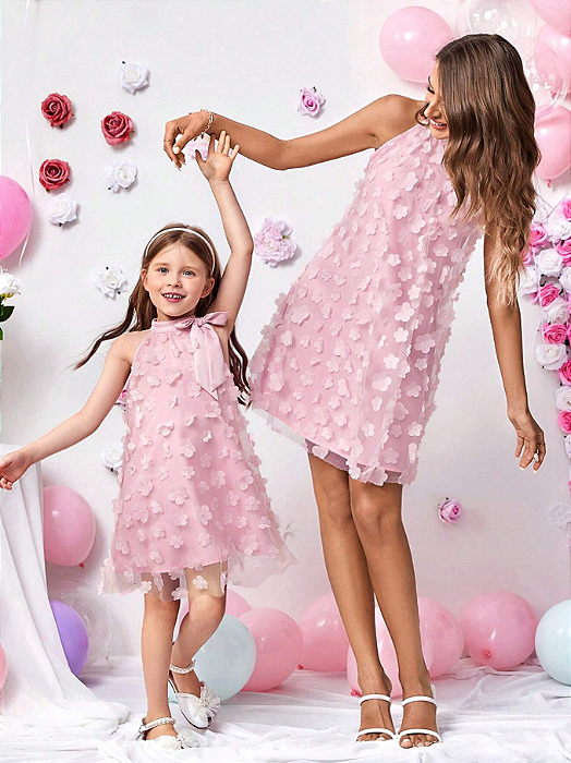 Vestido Casual Solto De Colarinho Alto Em Malha Floral Com Halter - Mãe e Filha