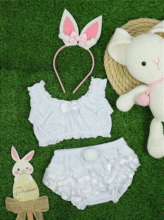Kit 3 Peças Calcinha De Renda Com Pompom + Top Regata + Tiara De Orelha Coelhinha da Páscoa