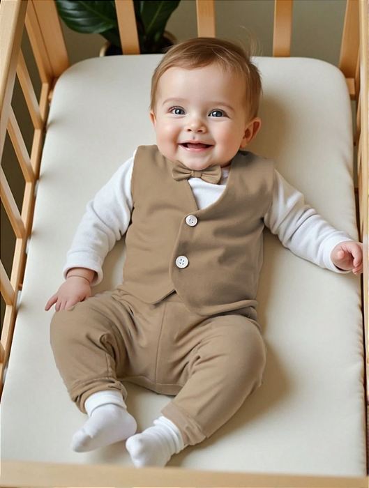 Conjunto Básico de Moda em Malha para Meninos Bebês, Bodysuit Casual 2 em 1 com Laço e Calça Elástica Sólida, Macio e Confortável, Adequado para Ocasiões Formais como Festa de Aniversário, Eventos da Noite, Casamento, Batismo, Cerimônia e Aniversário