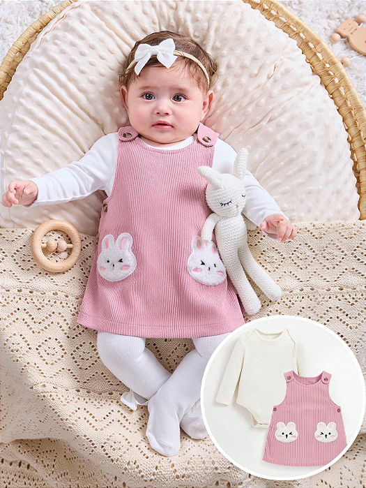 Conjunto de Top Tricotado de Manga Longa e Vestido para Recém-nascidas Meninas com Padrão Fofo de Desenho Animado, Casual