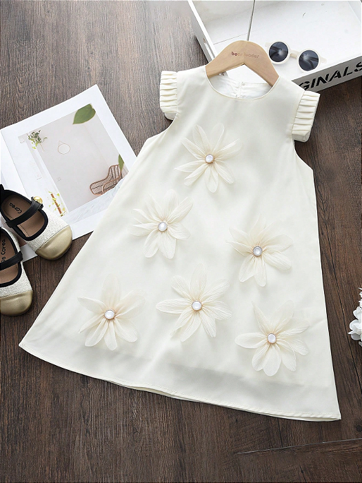 Vestido de Verão Estiloso com Acento de Flor 3D e Decote Careca Sem Mangas para Meninas Jovens