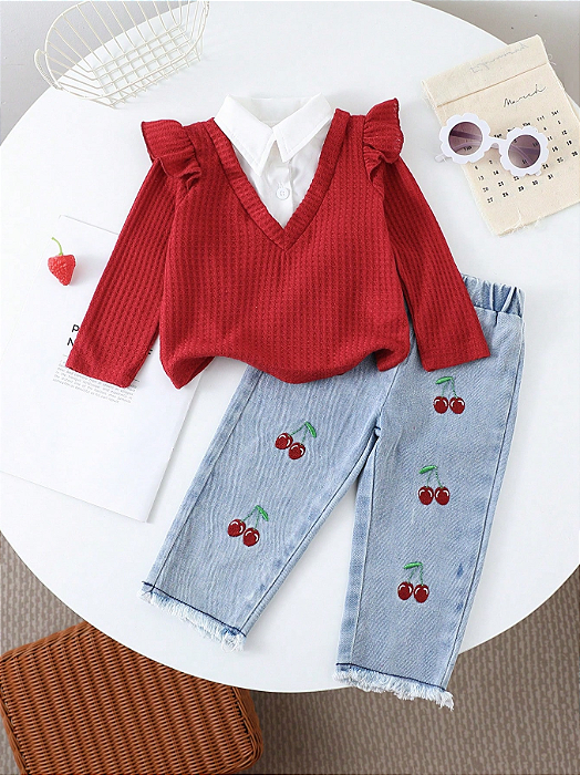 Conjunto camisa com calça jeans bebê cereja