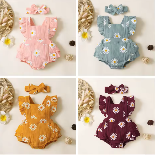 Bebê infantil menina macacão roupas plissado sem mangas recém-nascido bodysuit com bandana verão macacão moda criança roupa terno