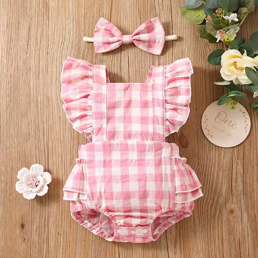 Bebê recém-nascido menina bolha algodão xadrez manga voadora terno de escalada com nádegas + chapéu