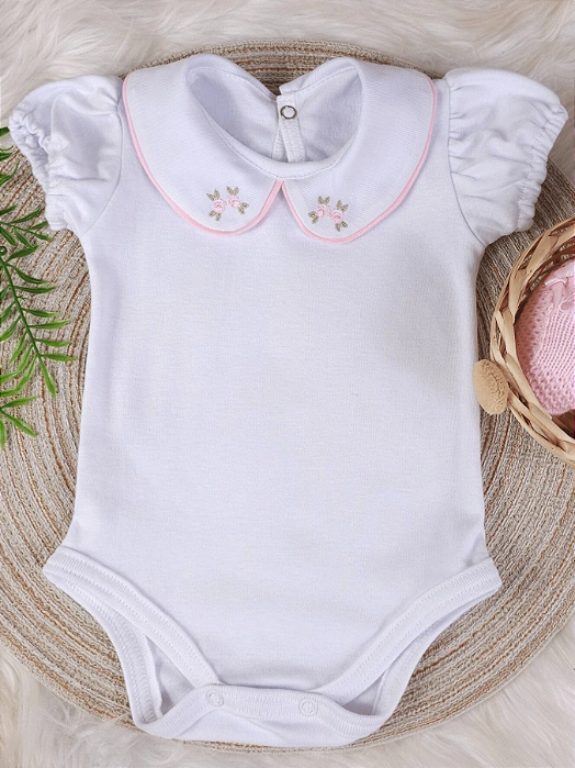 Pure & Posh Baby Body Para Bebê Branco Manga Curta Com Gola Bordada Rococó