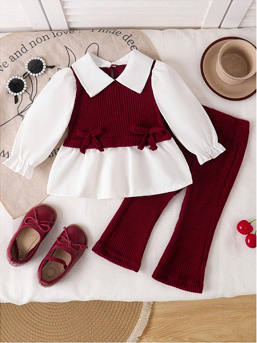 2 Peças/Conjunto Bebê Menina Top de Manga Longa com Detalhe de Laço em Contraste e Calça Flare Sólida