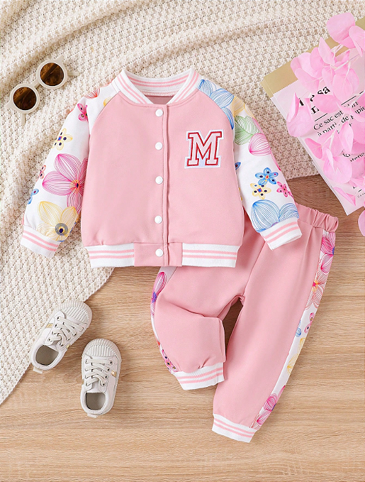 Bebezinha Gráfico de Flores & Letra Manga De Raglan Jaqueta & Calças de Treino