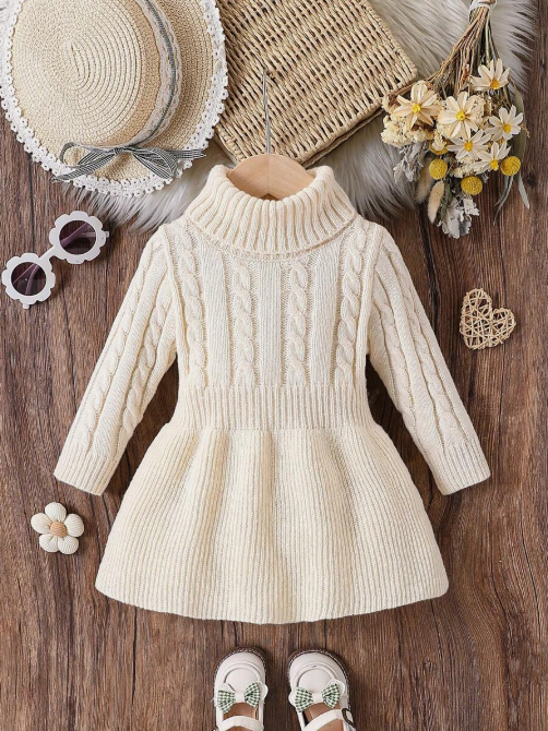 Vestido de Suéter de Tricô de Gola Alta para Bebê/Menina Recém-Nascida
