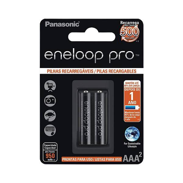 Pilhas Recarregáveis Eneloop Pro Preta AAA Palito 950mAh 2 Unidades Panasonic