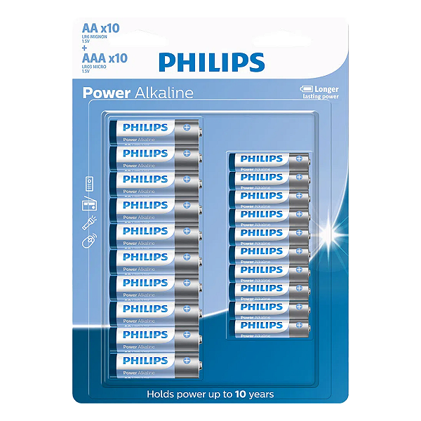 Pilhas Alcalinas Philips 10 Palito AAA + 10 Pequena AA 1,5v