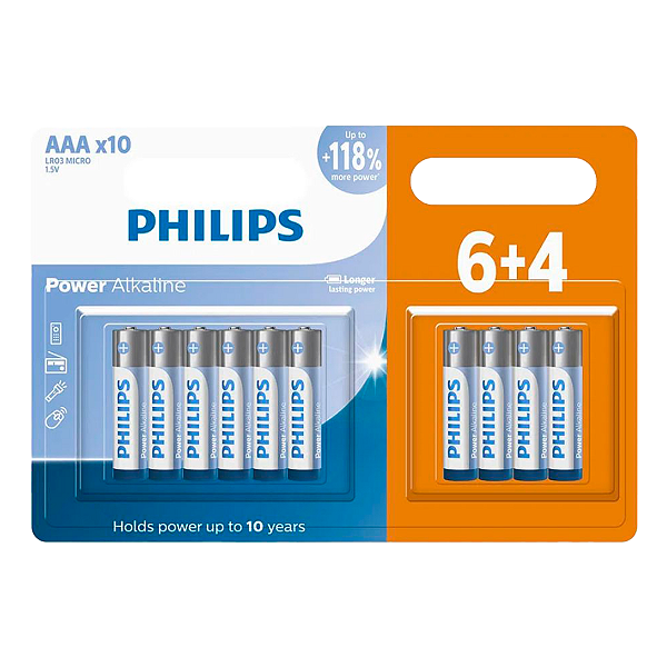 Pilhas Alcalinas Philips AAA Palito 10 Unidades 1,5v