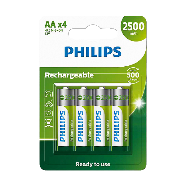 Pilhas Recarregáveis Philips AA Pequena 2500mAh 4 Unidades