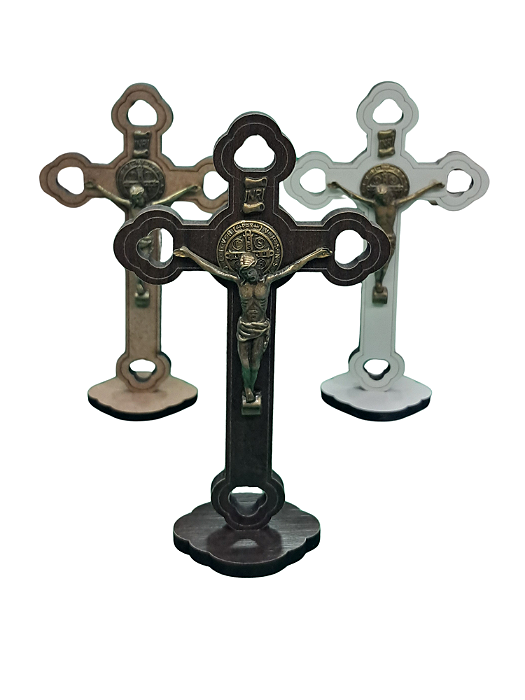 Crucifixo MDF Marrom Escuro com Cristo em Metal 15cm