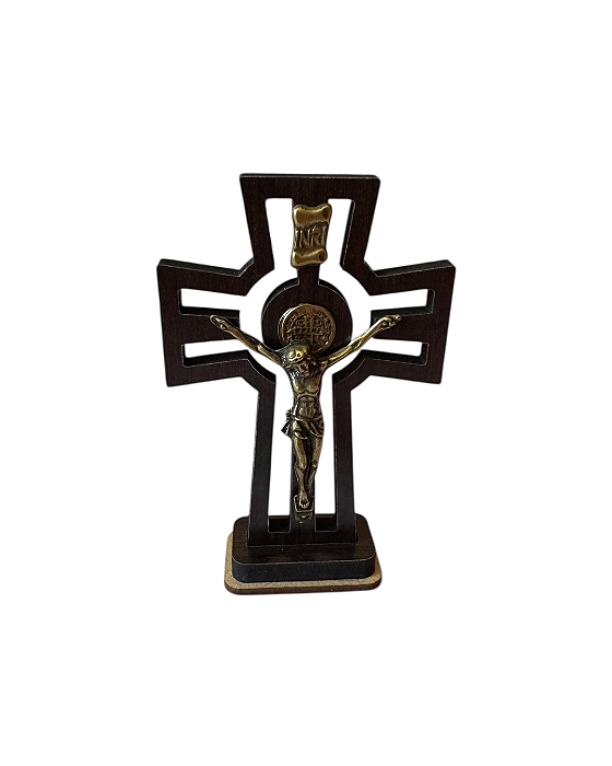 Crucifixo Marrom de Mesa em MDF com Cristo de Metal - 10cm