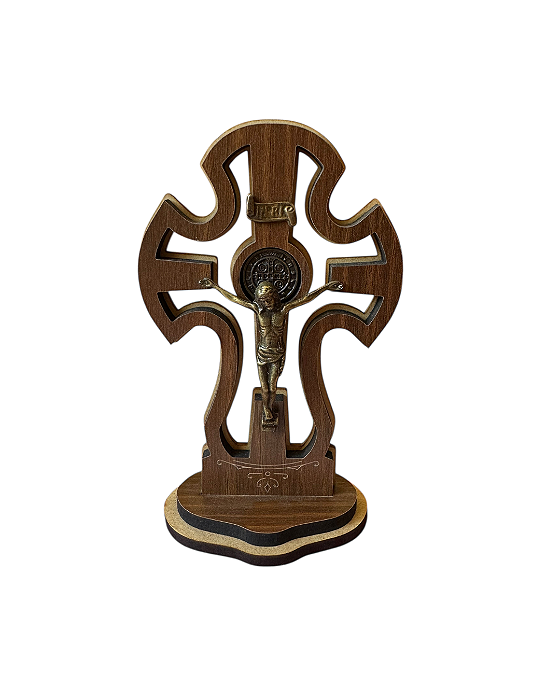 Crucifixo de Mesa em MDF com Medalha de São Bento - 15cm