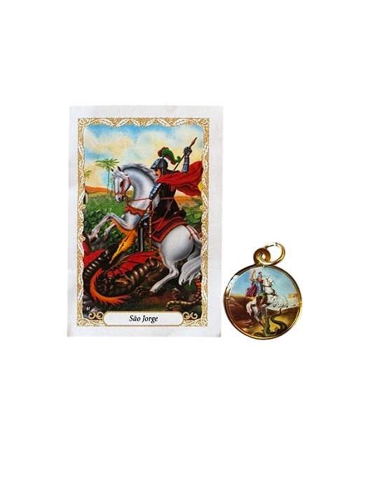 Medalha Redonda Dourada São Jorge com Folheto de Oração