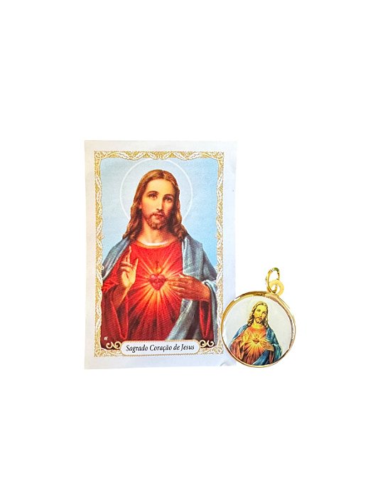 Medalha Redonda Dourada Sagrado Coração de Jesus com Folheto Oração