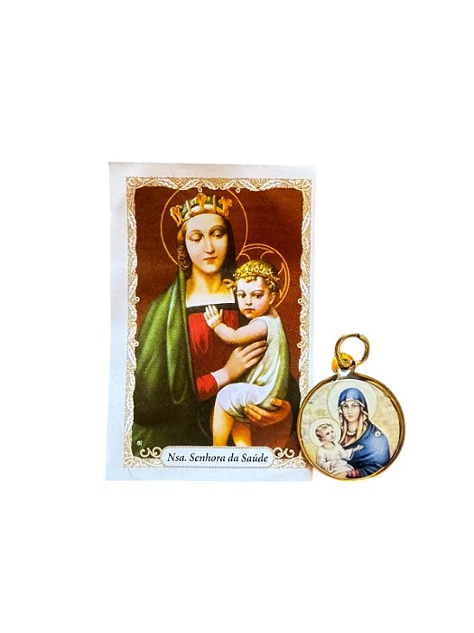 Medalha Redonda Dourada Nossa Senhora da Saúde com Folheto de Oração