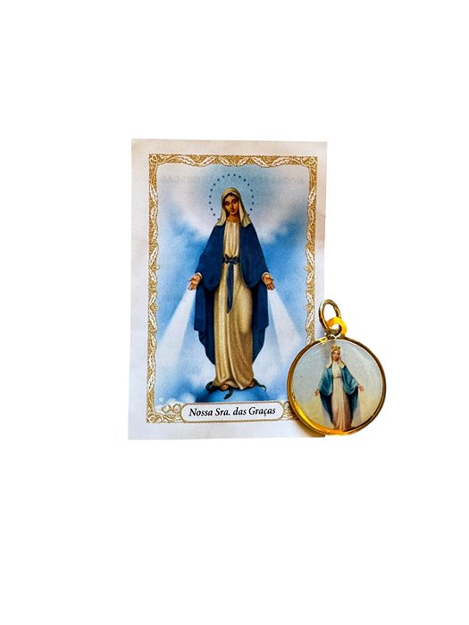 Medalha Redonda Dourada Nossa Senhora das Graças com Folheto de Oração