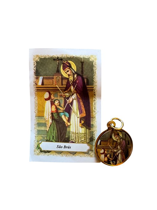 Medalha Redonda Dourada São Brás com Folheto de Oração