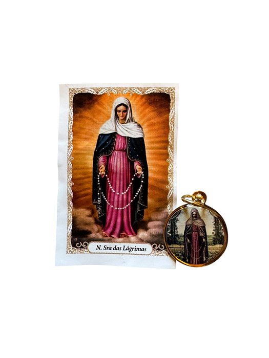 Medalha Redonda Dourada Nossa Senhora das Lágrimas com Folheto de Oração