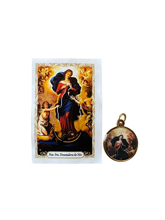 Medalha Redonda Dourada Nossa Senhora Desatadora dos Nós com Folheto de Oração