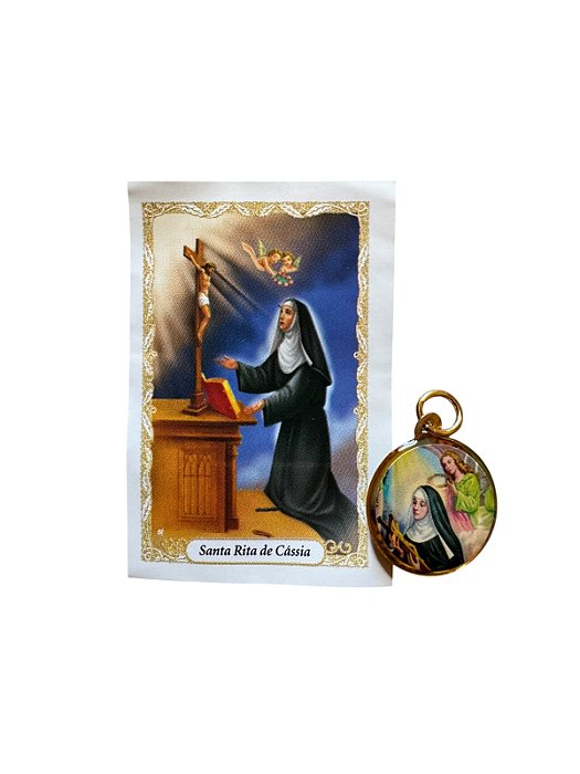 Medalha Redonda Dourada Santa Rita com Folheto de Oração