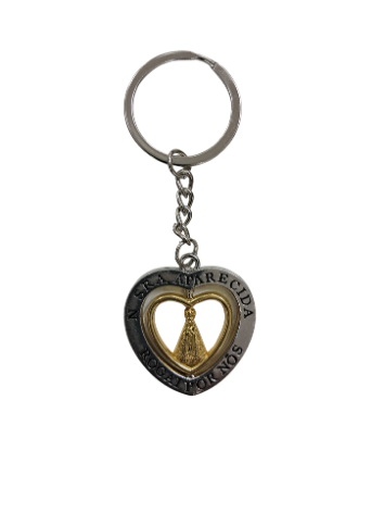 Chaveiro Coração Nossa Senhora Aparecida Giratório Prata e Dourado