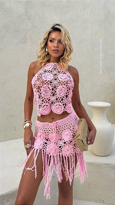 Conjunto crochê Virginia Rosa claro