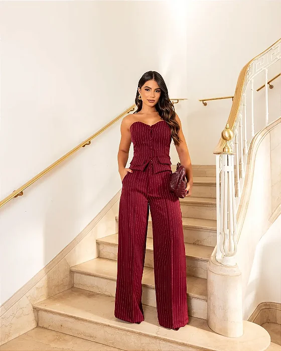 Conjunto alfaiataria Carolina Marsala risca de giz