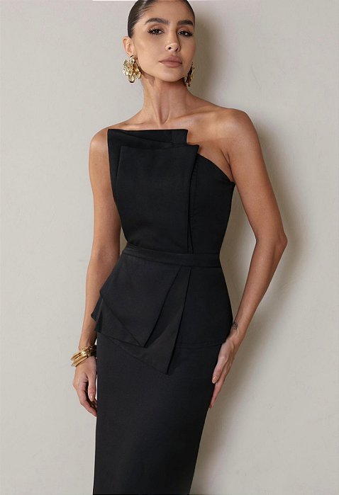 Vestido Midi Peplum Luxo Preto