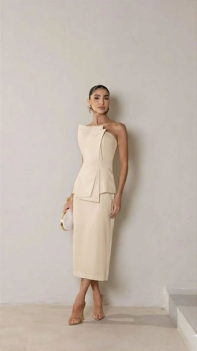 Vestido Midi Peplum Luxo Nude