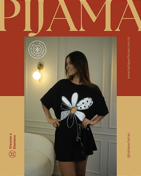 Pijama Camisetão Margarida preto