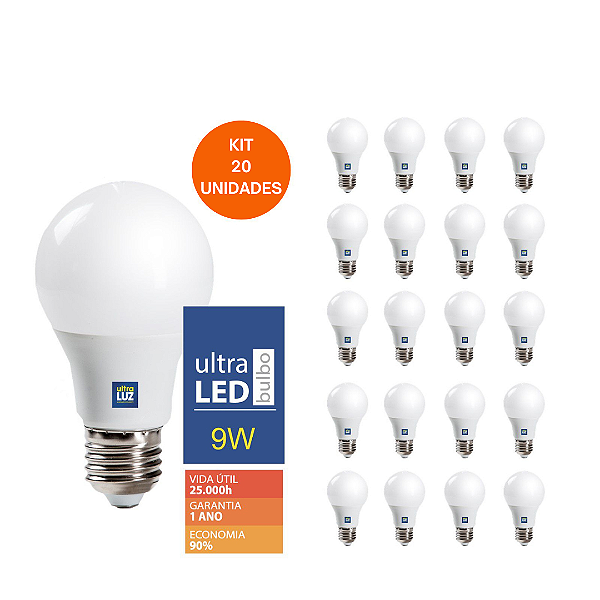KIT 20 Lâmpadas Led 9w Branco Frio Bulbo E27 Bivolt 127/220V