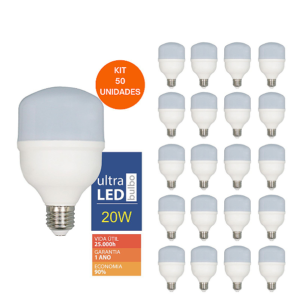 KIt 50 Lâmpadas Led 20w 6500k Bulbo E27 Branco Frio Bivolt 110/220