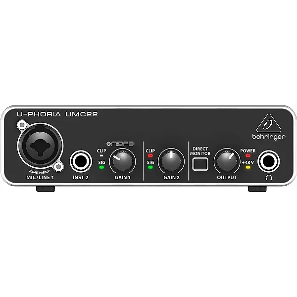 Interface de Áudio BEHRINGER UMC22 USB  U-PHORIA Pré MIDAS C/ Phanton Power 48v