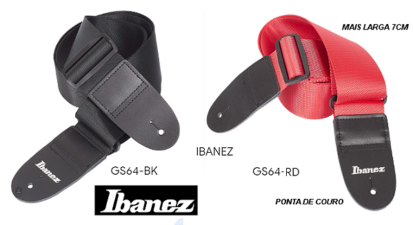 Correia Ibanez GS64 p/ Guitarra Baixo ou Violão ponta de couro mais larga c/ 7 cm disponível: Preta