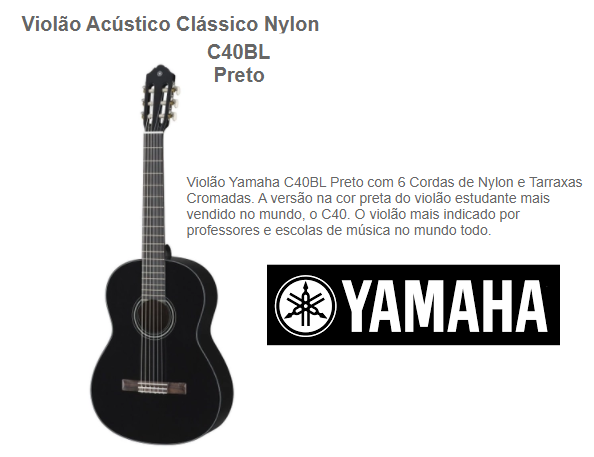 Violão Yamaha Clássico acústico Nylon mod. C40 BL Cor: Preto