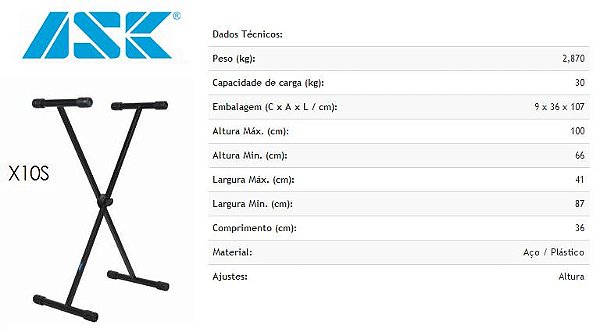 Suporte para Teclado ASK em ferro tipo X - modelo X10S Preto