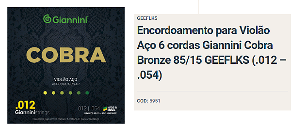 Encordoamento GIANINNI Violão Aço Bronze 85/15 0.12 GEEFLKS