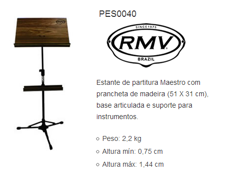 Estante de Partitura Sinfônica RMV base madeira c/ suporte inferior p/instrumento PSES0040