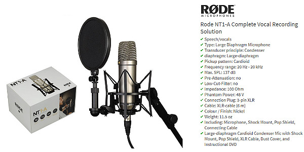 NT1-A Microfone Rode Condenser p/ Studio acompanha aranha , Pop Filter e cabo