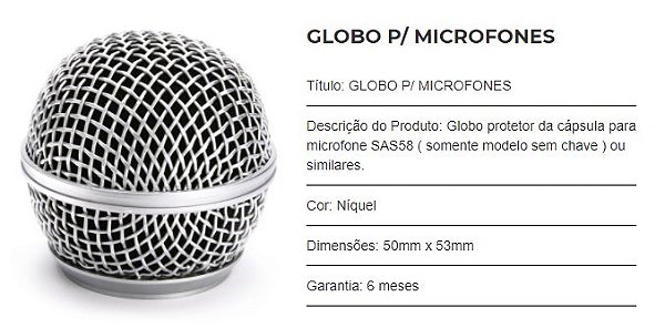 Globo para Microfone Tipo SAS58 Niquel (unidade) SANTO ANGELO